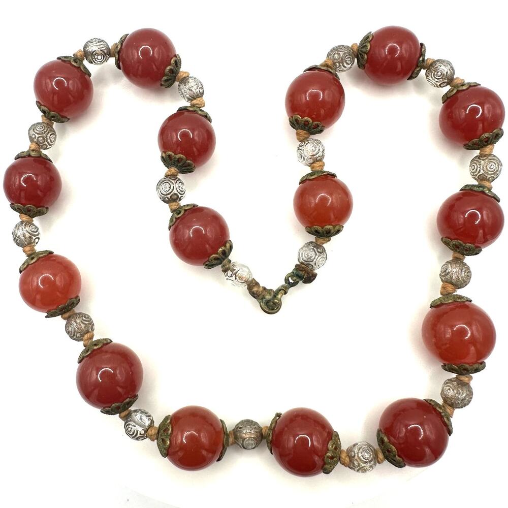 Antique 1920s 1930s Art Deco red uranium glass clear beaded gold tone necklace